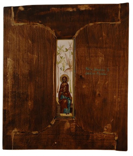 Maica Domnului  in gradina raiului-tempera .lemn-43x32cm. (2)